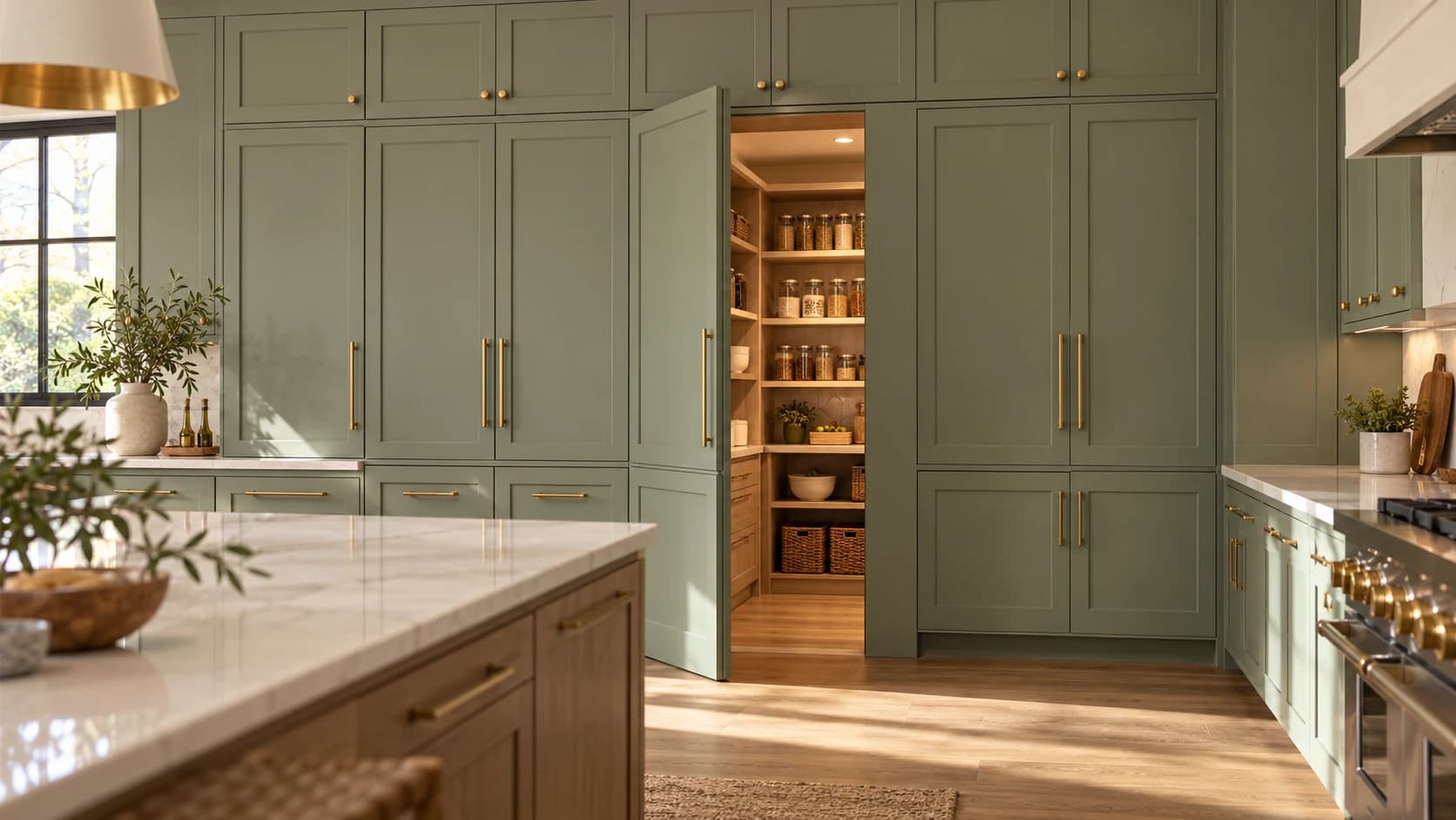 A kitchen wall of sage-green cabinets with one tall panel swung open to reveal a hidden walk-in pantry.